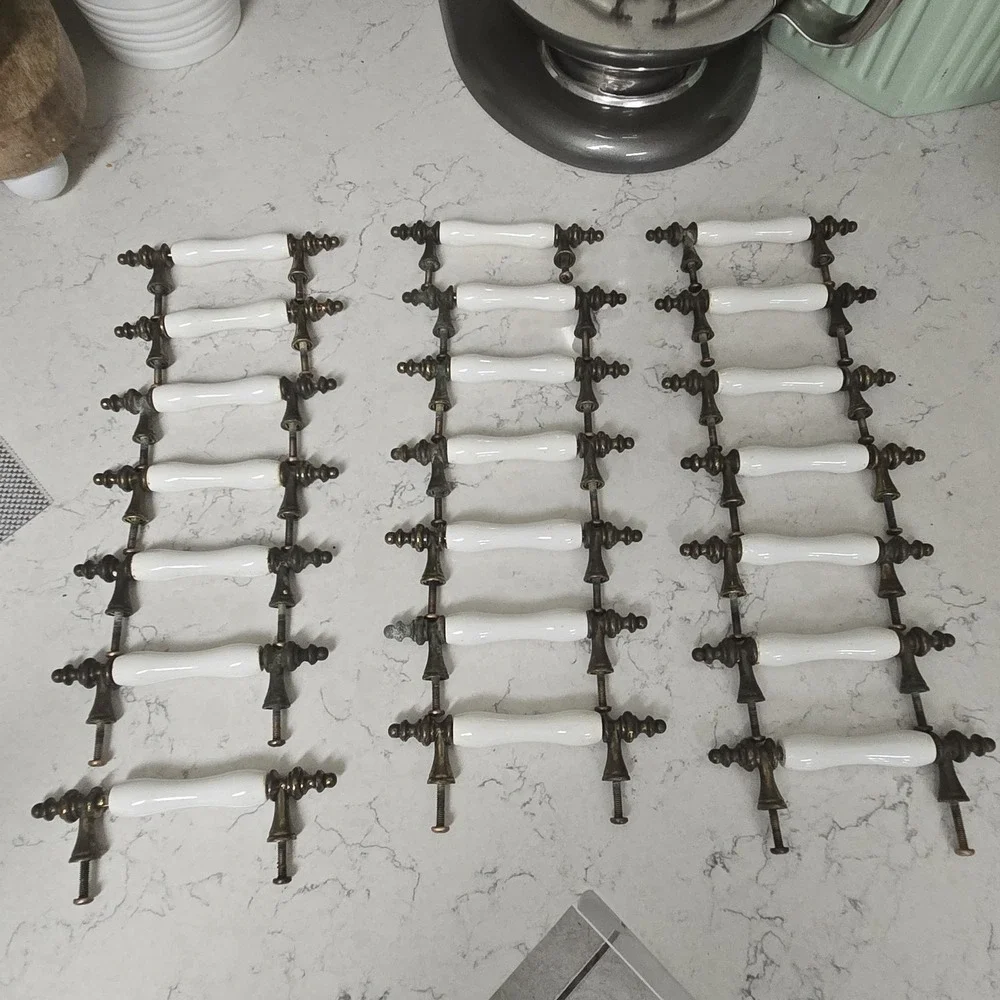 21 Antique White Porcelain & Brass Drawer Pull Cabinet Handles Heavy Patina READ